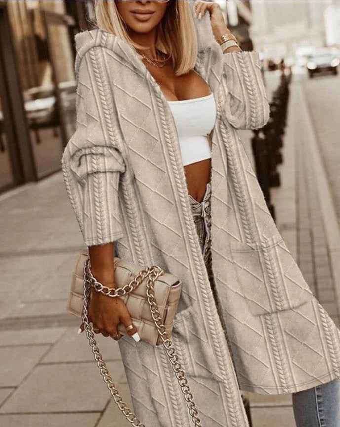 Women's Oversized Cable Knit Cardigan with Hood – Long Fit, Open Front Khaki