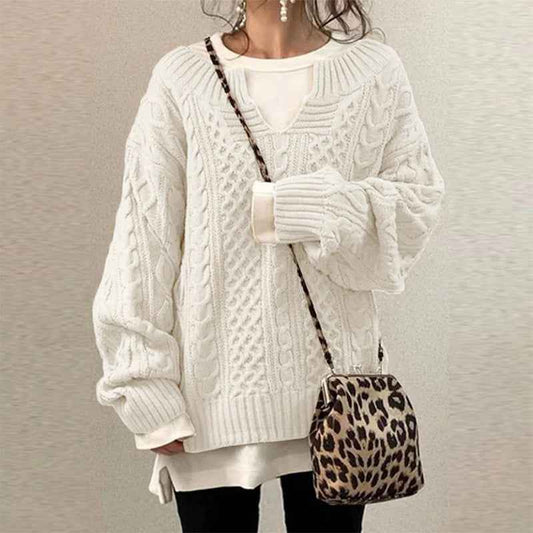 Women's Oversized Cable Knit Extra Long Sleeve Pullover White