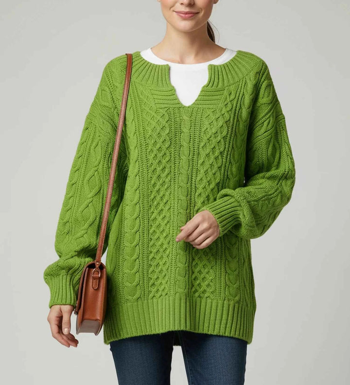 Women's Oversized Cable Knit V-Neck Sweater Green