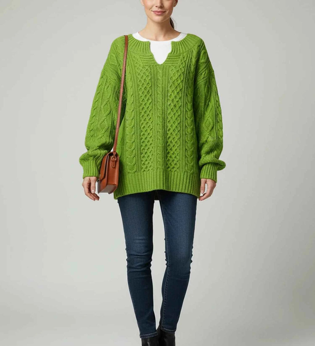 Women's Oversized Cable Knit V-Neck Sweater