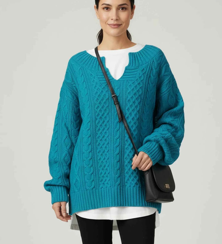 Women's Oversized Cable Knit V-Neck Sweater Blue
