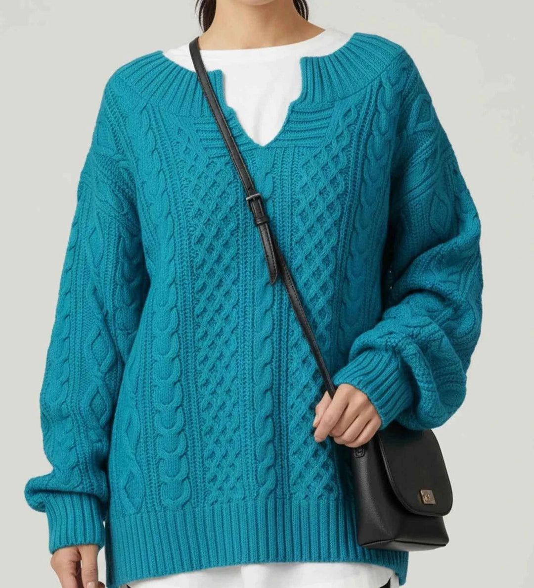 Women's Oversized Cable Knit V-Neck Sweater