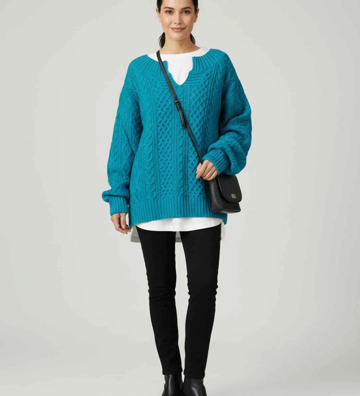 Women's Oversized Cable Knit V-Neck Sweater