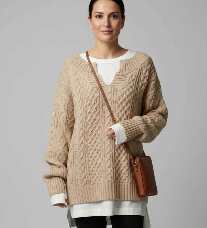 Women's Oversized Cable Knit V-Neck Sweater Beige