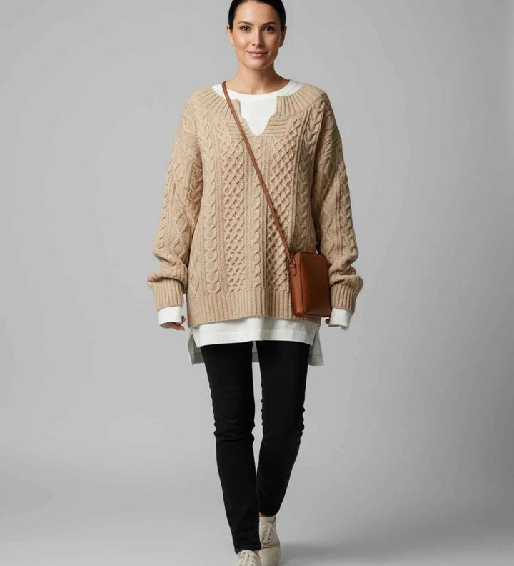 Women's Oversized Cable Knit V-Neck Sweater