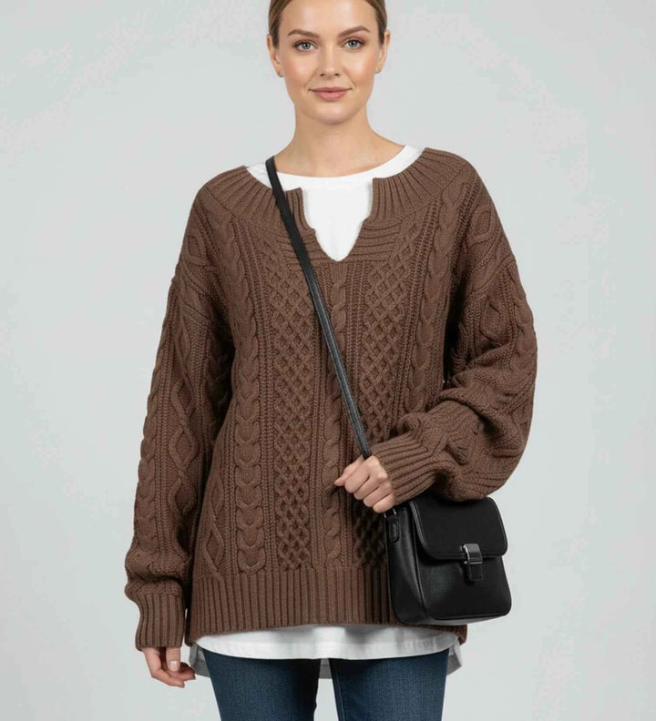 Women's Oversized Cable Knit V-Neck Sweater Brown