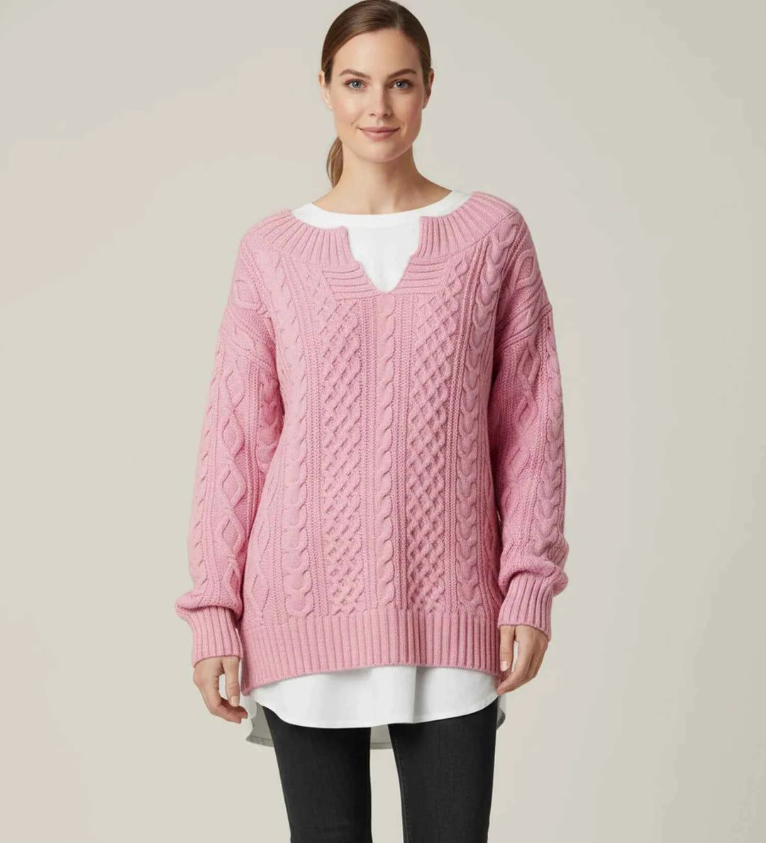 Women's Oversized Cable Knit V-Neck Sweater Pink
