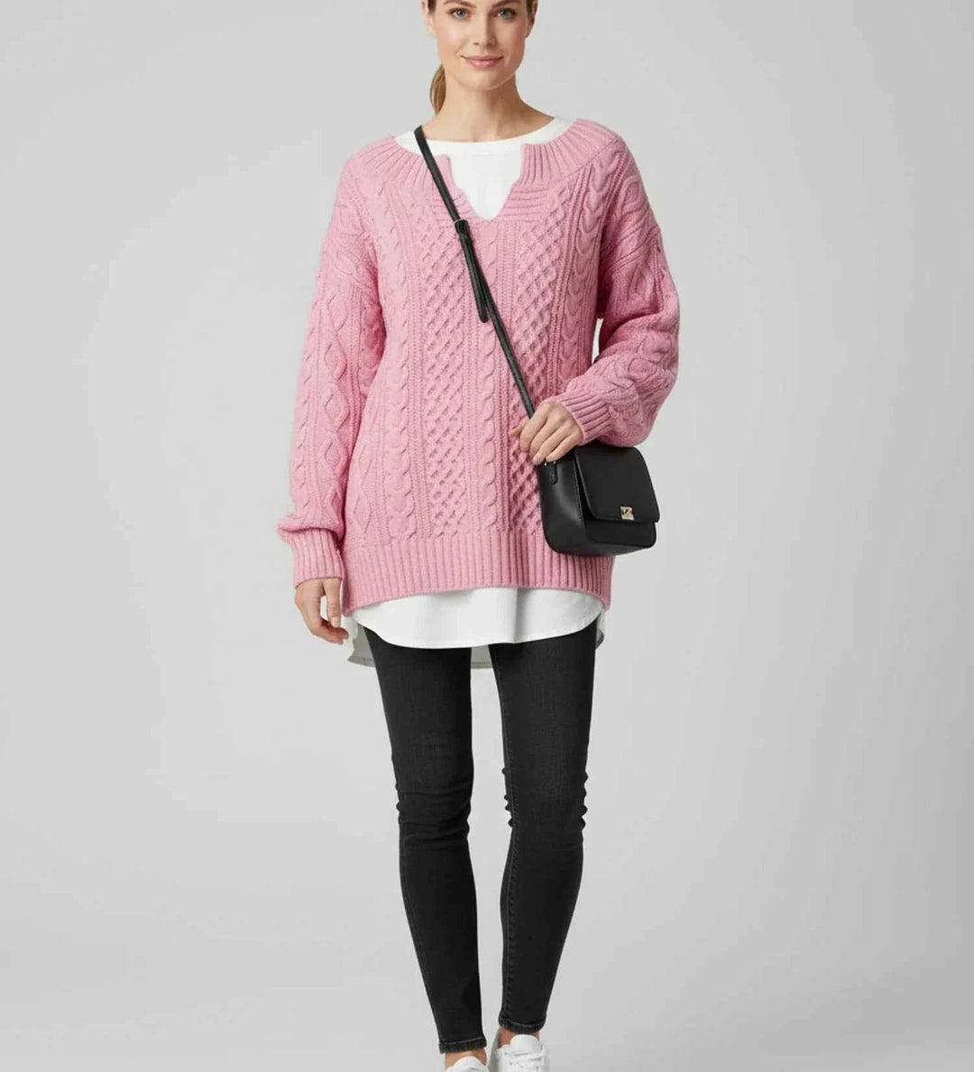 Women's Oversized Cable Knit V-Neck Sweater