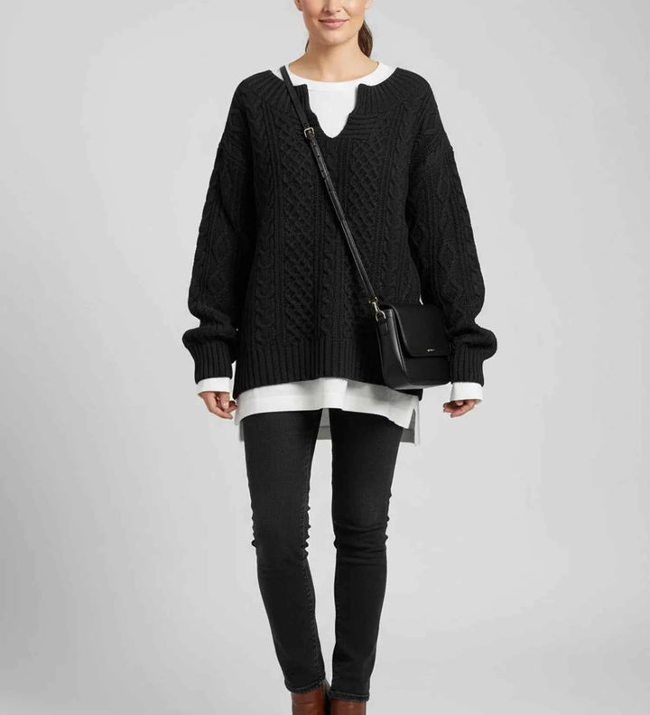 Women's Oversized Cable Knit V-Neck Sweater