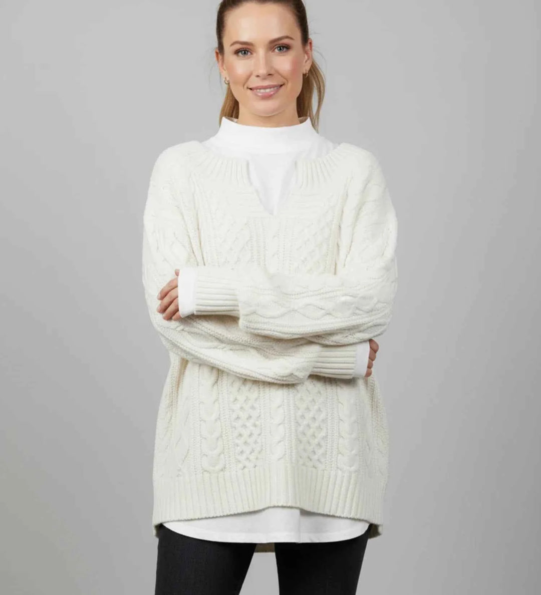 Women's Oversized Cable Knit V-Neck Sweater White
