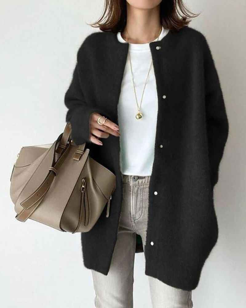 Women's Oversized Cardigan – Soft Knit Fabric – Button Closure – Cozy Layering Essential Black One Size