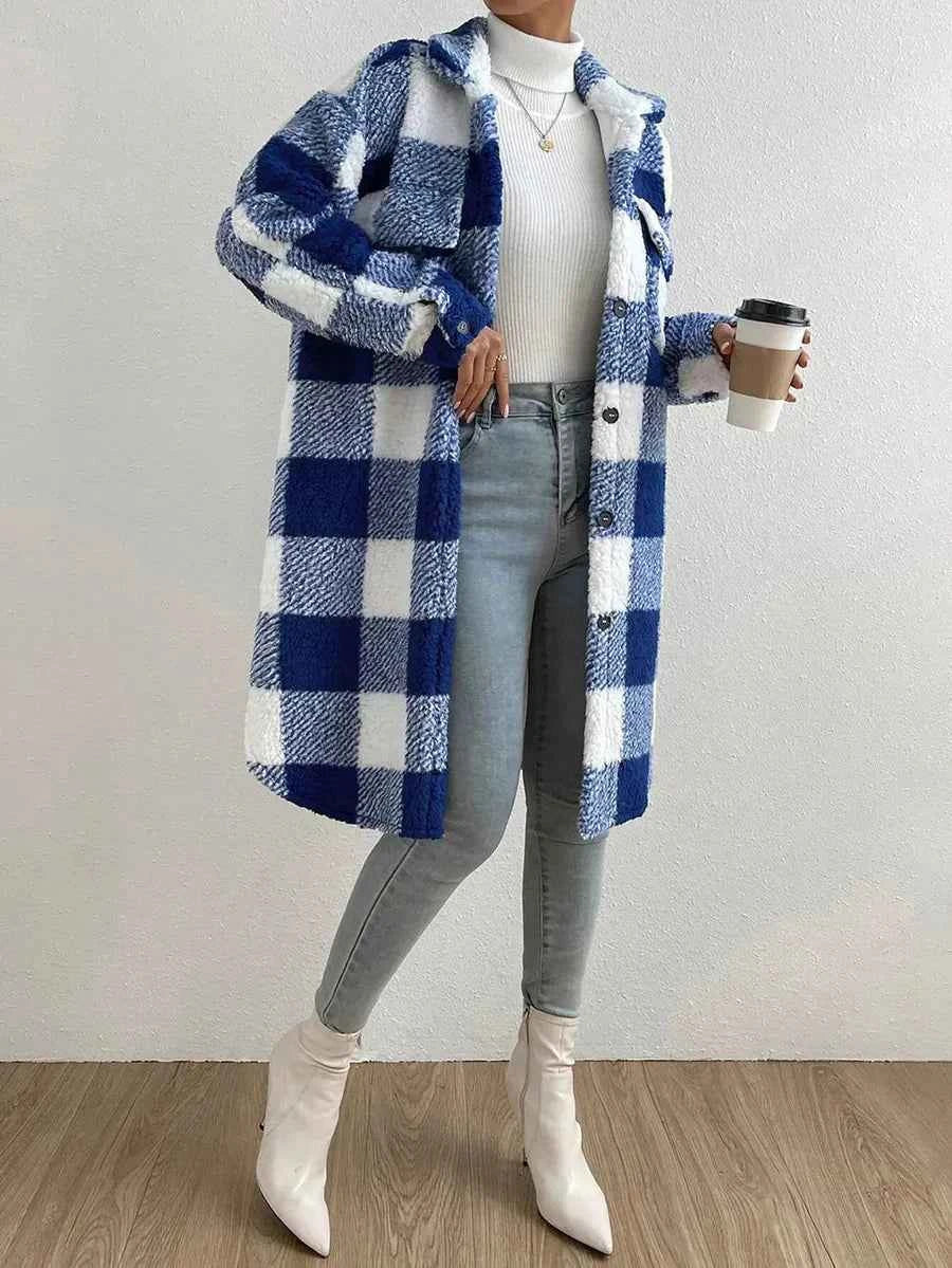 Women's Oversized Checked Teddy Coat - Mid-Length with Flap Pockets Blue