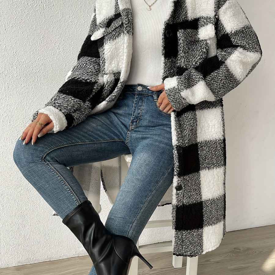 Women's Oversized Checked Teddy Coat - Mid-Length with Flap Pockets Black
