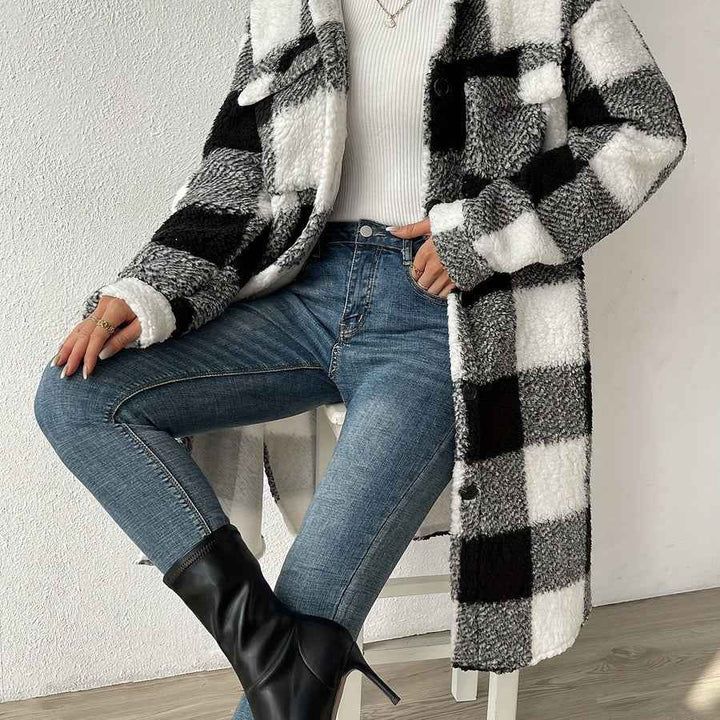 Women's Oversized Checked Teddy Coat - Mid-Length with Flap Pockets Black
