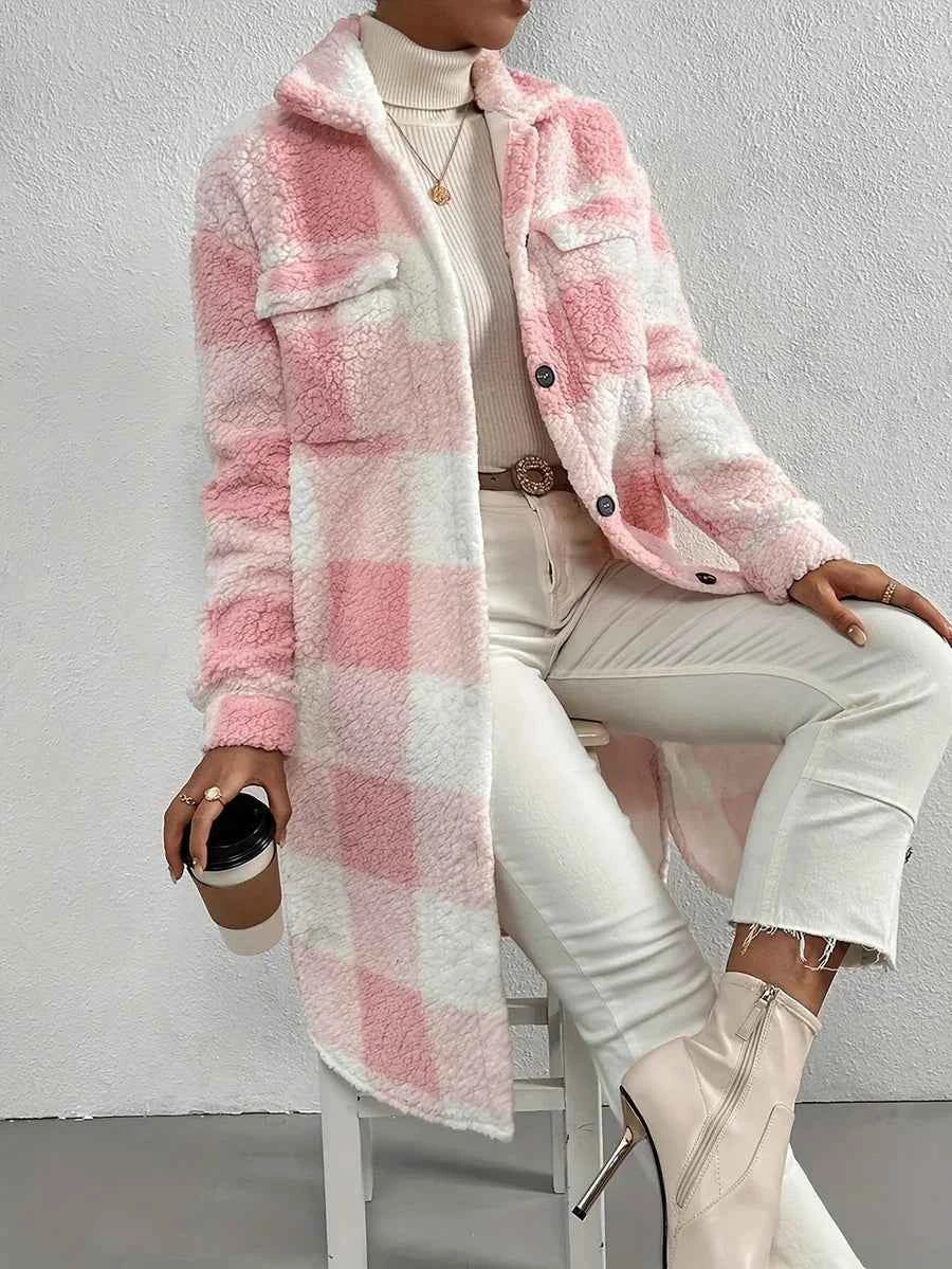 Women's Oversized Checked Teddy Coat - Mid-Length with Flap Pockets Pink