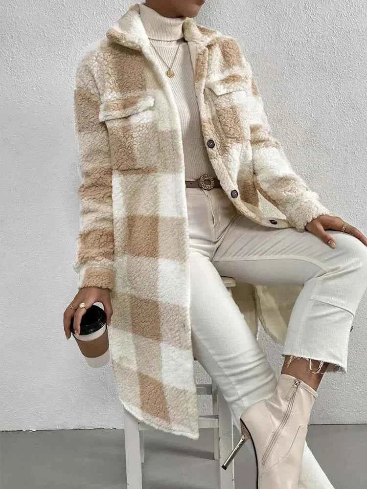 Women's Oversized Checked Teddy Coat - Mid-Length with Flap Pockets Khaki