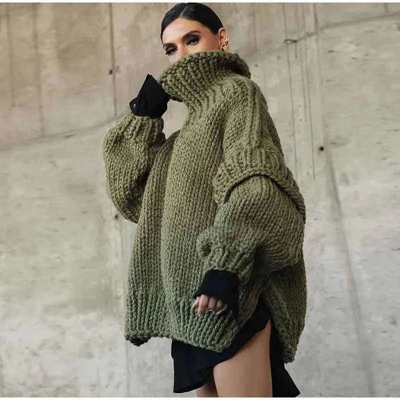 Women's Oversized Chunky Knit Sweater - High Neck Casual Comfort Army Green