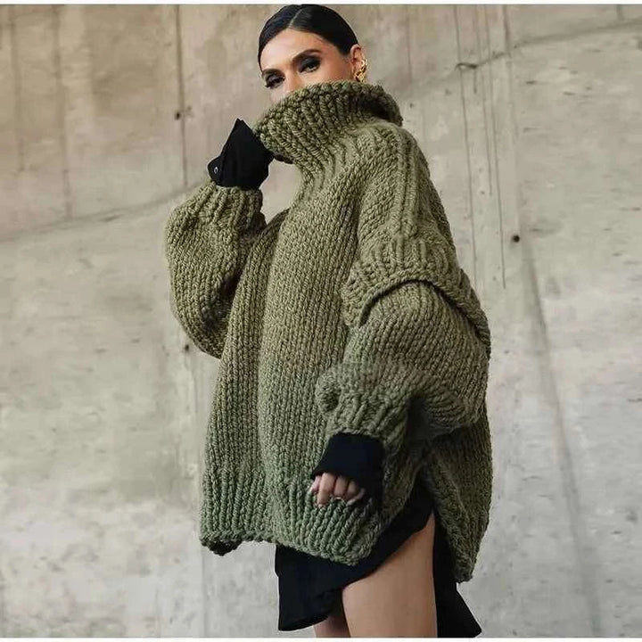 Women's Oversized Chunky Knit Sweater - High Neck Casual Comfort Army Green