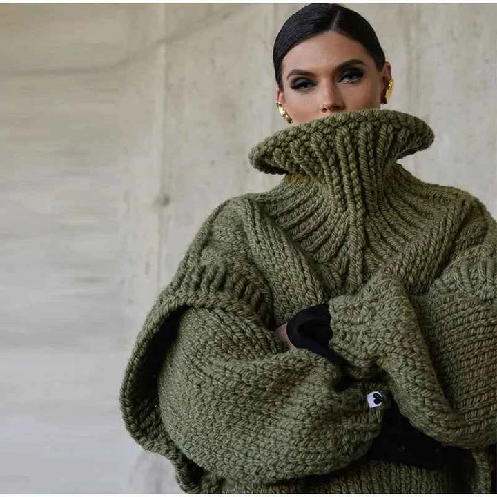 Women's Oversized Chunky Knit Sweater - High Neck Casual Comfort