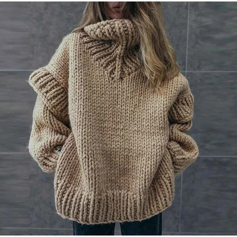 Women's Oversized Chunky Knit Sweater - High Neck Casual Comfort Camel