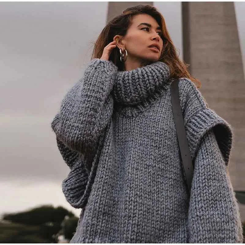 Women's Oversized Chunky Knit Sweater - High Neck Casual Comfort Grey