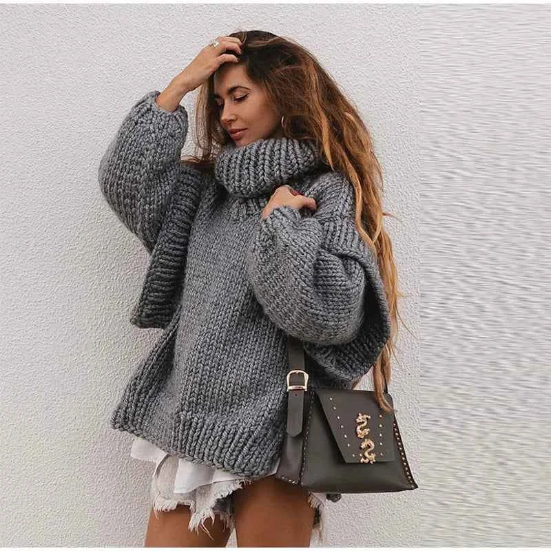 Women's Oversized Chunky Knit Sweater - High Neck Casual Comfort