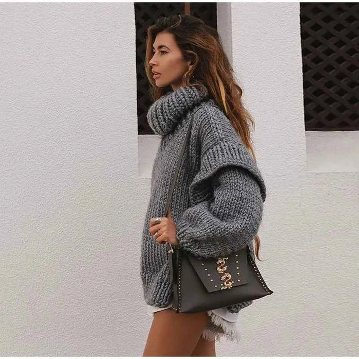 Women's Oversized Chunky Knit Sweater - High Neck Casual Comfort