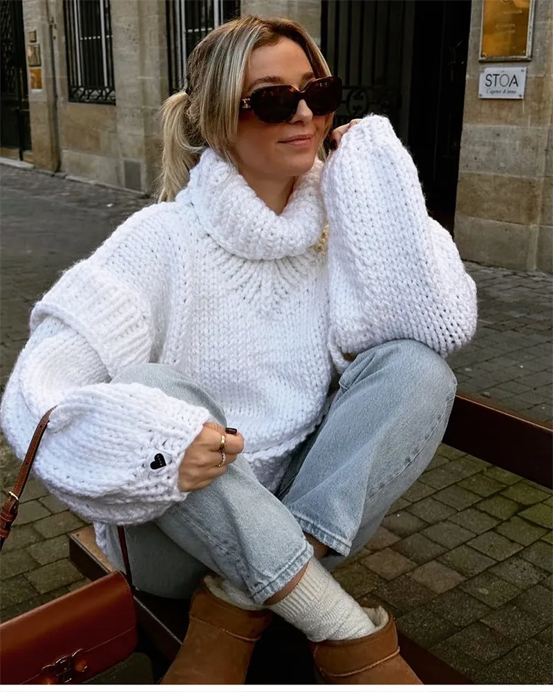 Women's Oversized Chunky Knit Sweater - High Neck Casual Comfort White