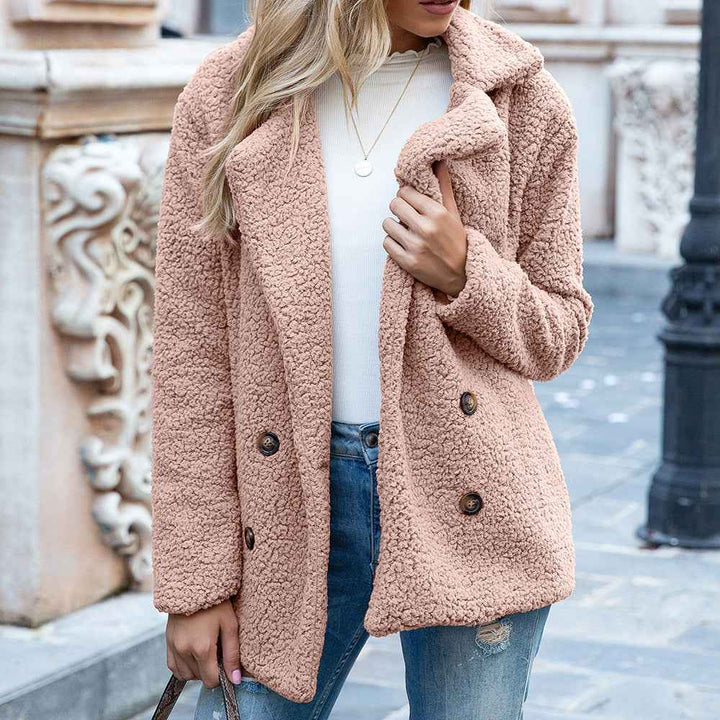 Women's Oversized Coat – Soft Texture – Lapel Collar – Double Closure Pink