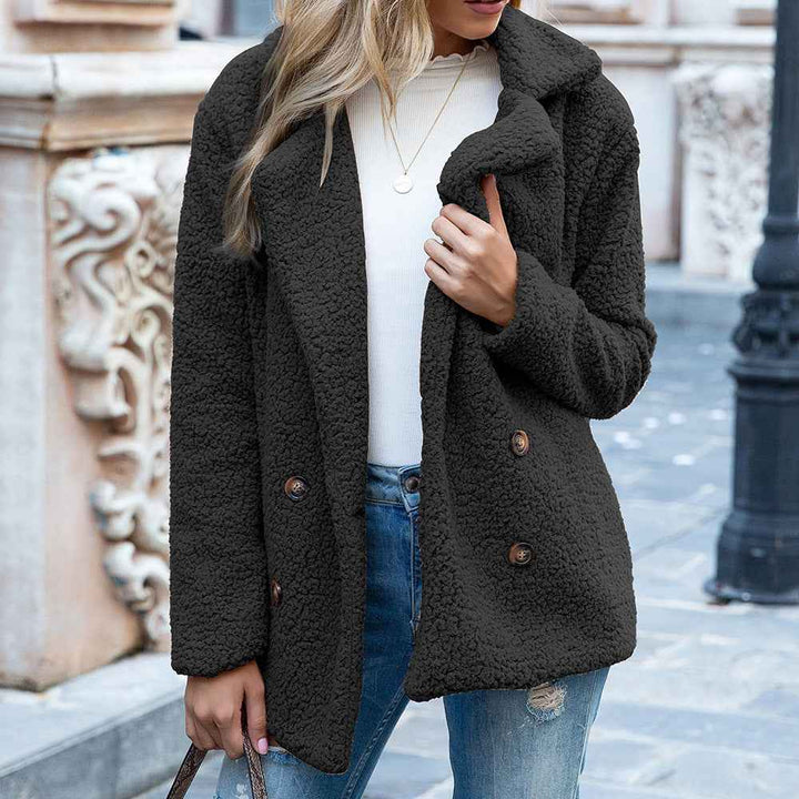 Women's Oversized Coat – Soft Texture – Lapel Collar – Double Closure Black