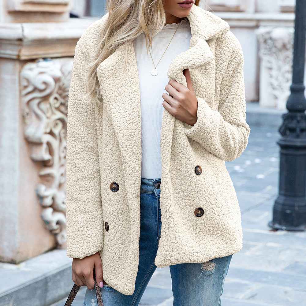 Women's Oversized Coat – Soft Texture – Lapel Collar – Double Closure Khaki
