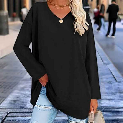 Women's Cotton Shirt Oversized Red Yellow Long Sleeve V-Neck Black