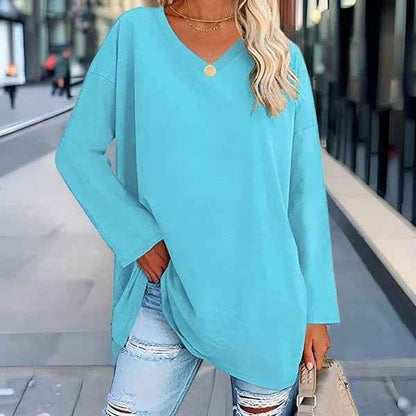 Women's Cotton Shirt Oversized Red Yellow Long Sleeve V-Neck Light Blue