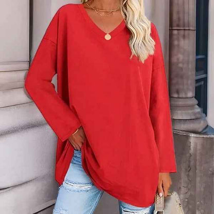 Women's Cotton Shirt Oversized Red Yellow Long Sleeve V-Neck Red