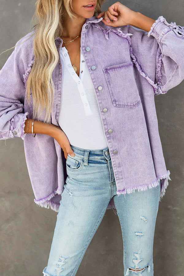 Women's Oversized Denim Jacket with Fringe Detail and Button Closure Purple