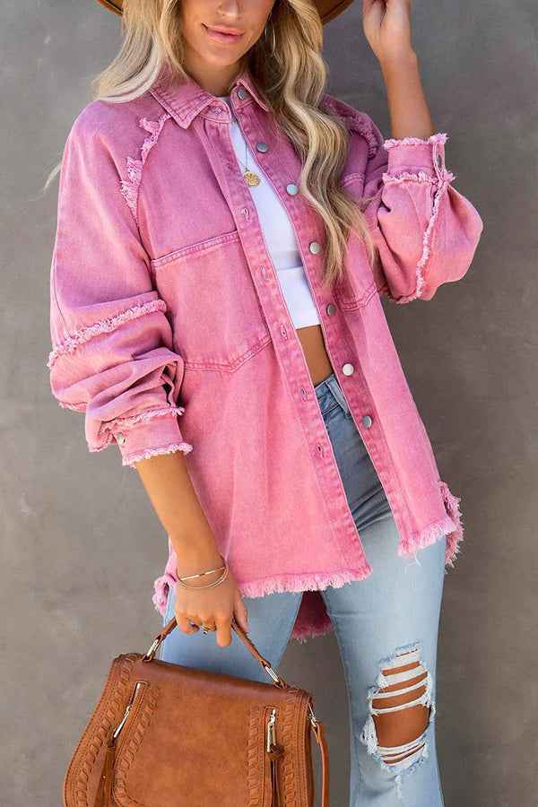 Women's Oversized Denim Jacket with Fringe Detail and Button Closure Pink