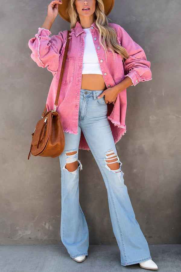 Women's Oversized Denim Jacket with Fringe Detail and Button Closure