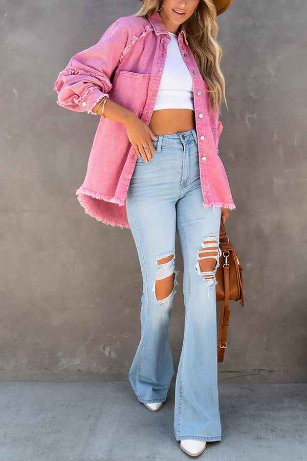 Women's Oversized Denim Jacket with Fringe Detail and Button Closure