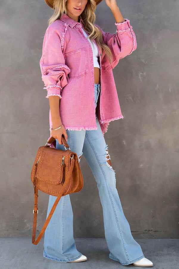 Women's Oversized Denim Jacket with Fringe Detail and Button Closure