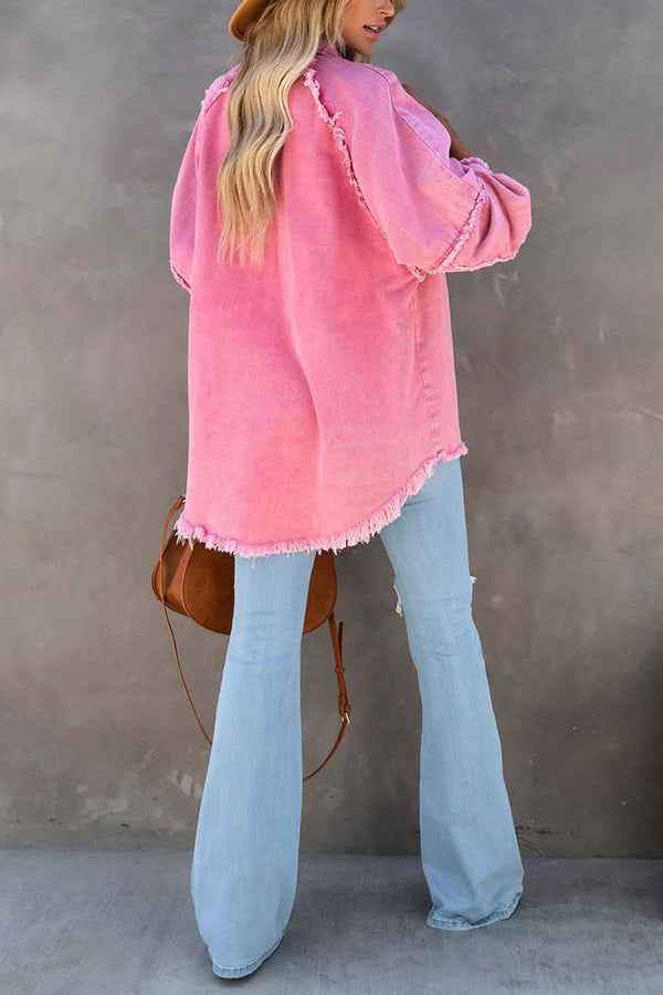 Women's Oversized Denim Jacket with Fringe Detail and Button Closure