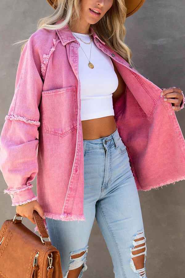 Women's Oversized Denim Jacket with Fringe Detail and Button Closure