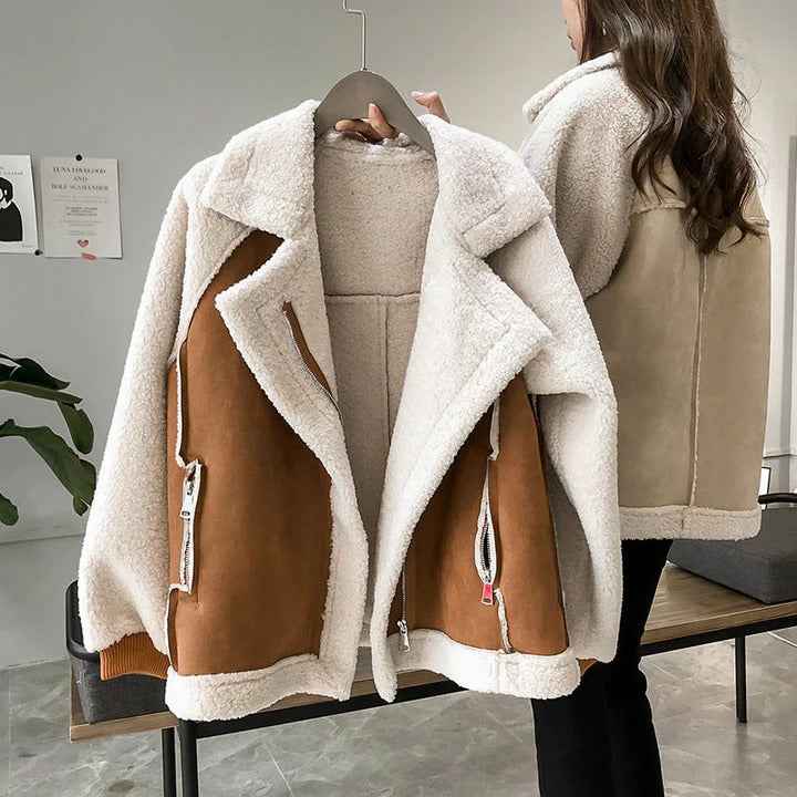 Women's Oversized Faux Fur Coat with Notch Lapel and Side Zip Details Brown