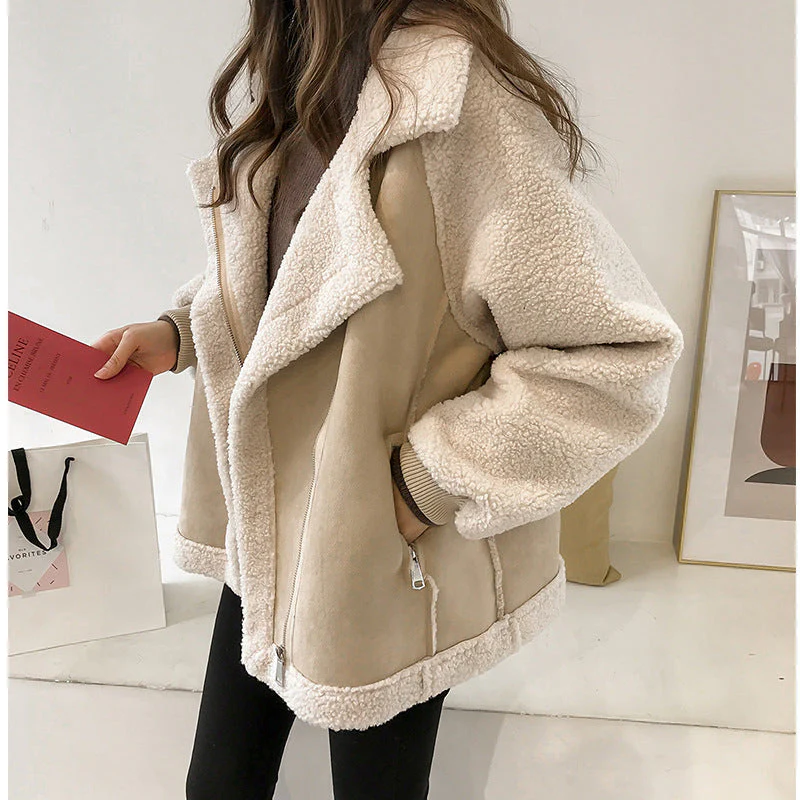 Women's Oversized Faux Fur Coat with Notched Lapel and Zip Closure Beige