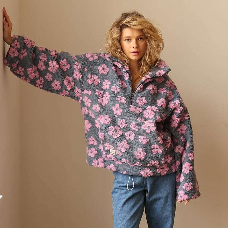 Women's Oversized Fleece Sherpa Half Zip Pullover Sweater for Winter Pink