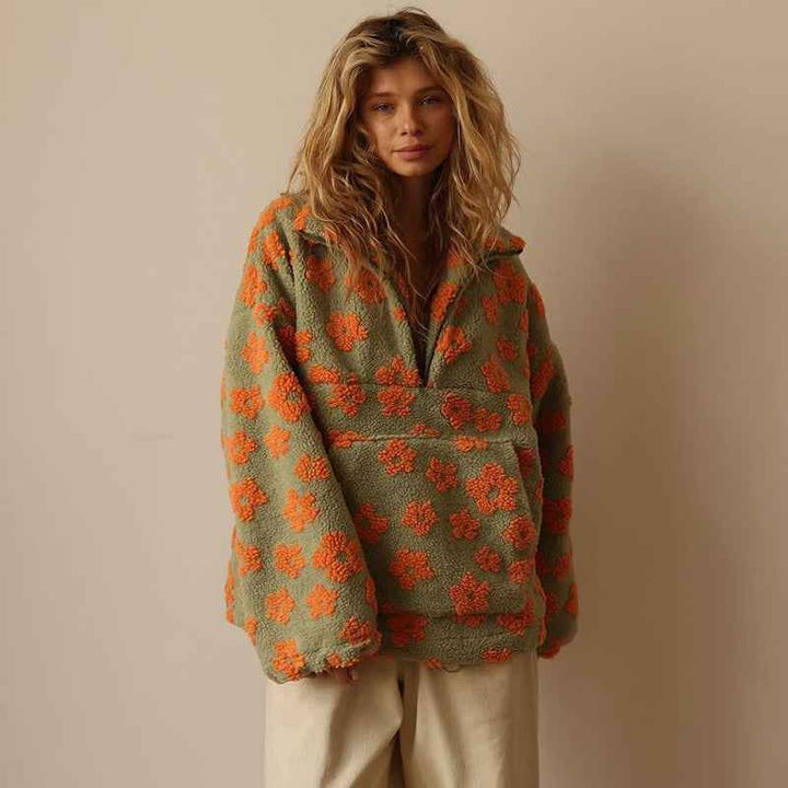 Women's Oversized Fleece Sherpa Half Zip Pullover Sweater for Winter Orange