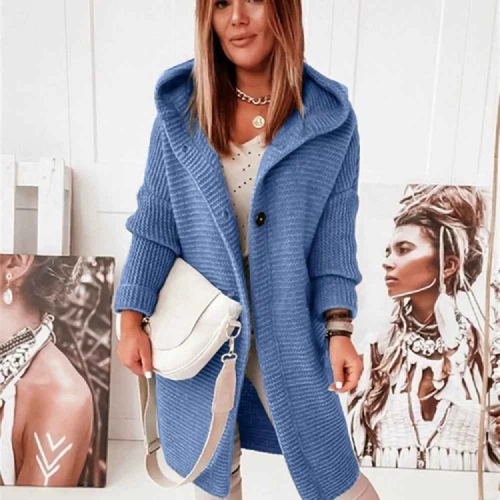 Women's Oversized Hooded Knitted Cardigan – Longline Button-Front Blue