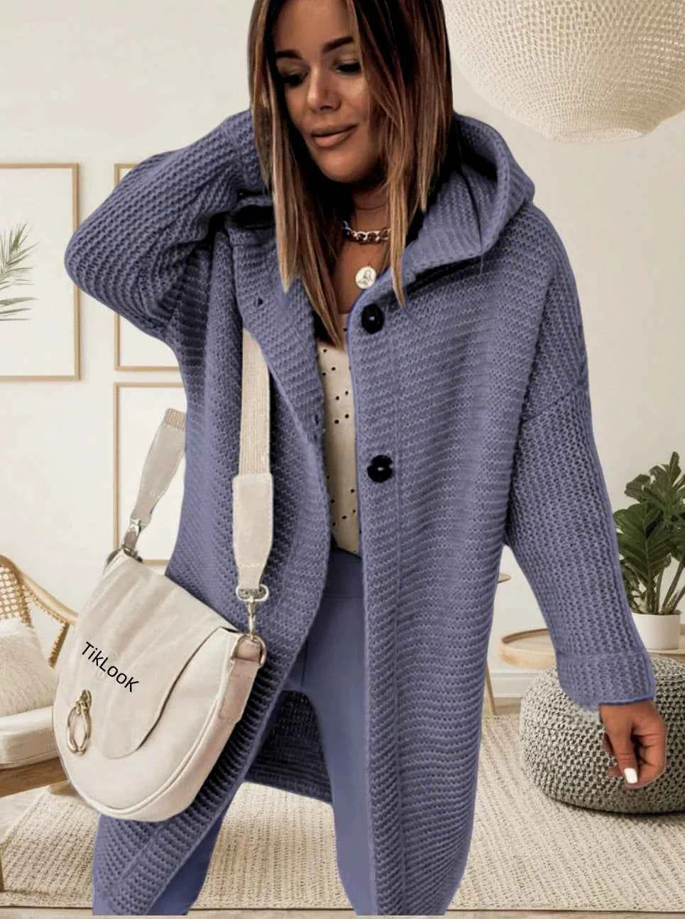 Women's Oversized Hooded Knitted Cardigan – Longline Button-Front Purple Gray