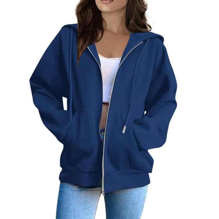 Women's Oversized Hoodie Jacket – Cotton Blend – Zipper Closure – Long Sleeves Blue