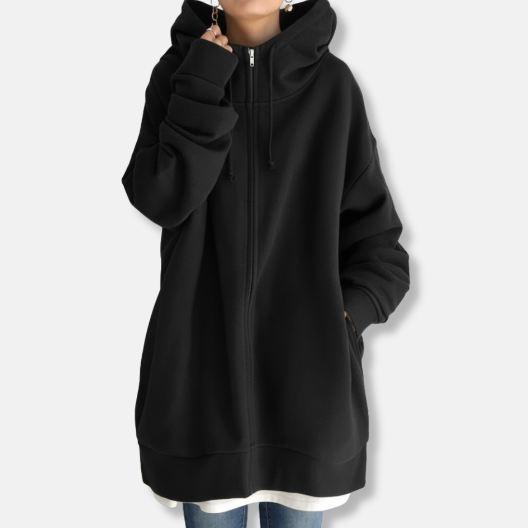 Women's Oversized Hoodie – Soft Fabric – Zipper Closure – Long Sleeves Black