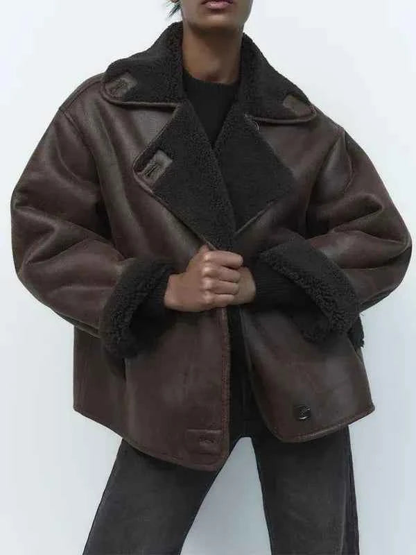 Women's Oversized Jacket with Shearling Collar and Cuffs – Vintage Hip-Length Style Brown